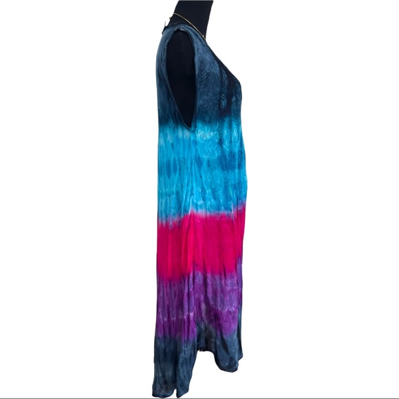 Shiva fashions Multi tie dye color midi sleeveless boho asymmetric dress - Picture 2 of 8